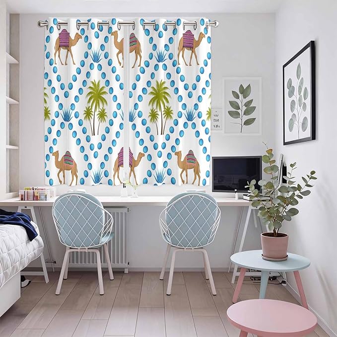 2 Panel Kitchen Cafe Curtains, Camels Palm Trees Sunlight Filtering Nature Air Through, Home Decor Window Covering Tier Curtains for Living Room 104W x 63L inch Tropical Desert Animal Plants Polka Dot
