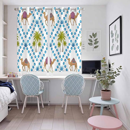 2 Panel Kitchen Cafe Curtains, Camels Palm Trees Sunlight Filtering Nature Air Through, Home Decor Window Covering Tier Curtains for Living Room 104W x 72L inch Tropical Desert Animal Plants Polka Dot