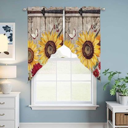 Sunflowers Swag Valances for Windows, Retro Flower Barn Doors Butterfly Farmhouse Brown Rod Pocket Kitchen Curtains Valance, Small Window Curtains Swag for Cafe Living Room, 2 Panels, 28x36 inch