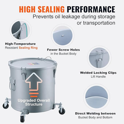 VEVOR Fryer Grease Bucket, 8 Gal Oil Disposal Caddy with Caster Base, Carbon Steel with Rust-Proof Coating, Oil Transport Container with Lid, Lock Clips, Filter Bag for Hot Cooking Oil Filtering