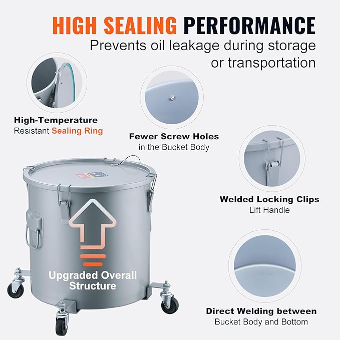 VEVOR 10 Gallon Fryer Grease Bucket, Oil Disposal Bucket Caddy on Wheels, Rust-proof Coated Carbon Steel Fryer Oil Transport Container with Filter Bag, Lid & Lock Clips for Cooking Oil Filtering