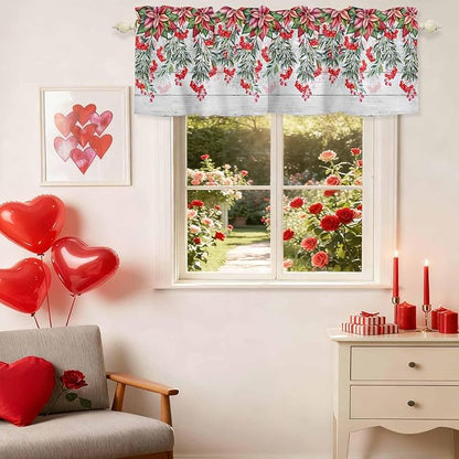 Poinsettia Berry Valance Curtains for Kitchen, Red Floral Winter Plants Vintage Wood Grain Privacy Rod Pocket Valance Curtain, Light-Filtering Window Treatment for Bedroom Bathroom, 42"x18"