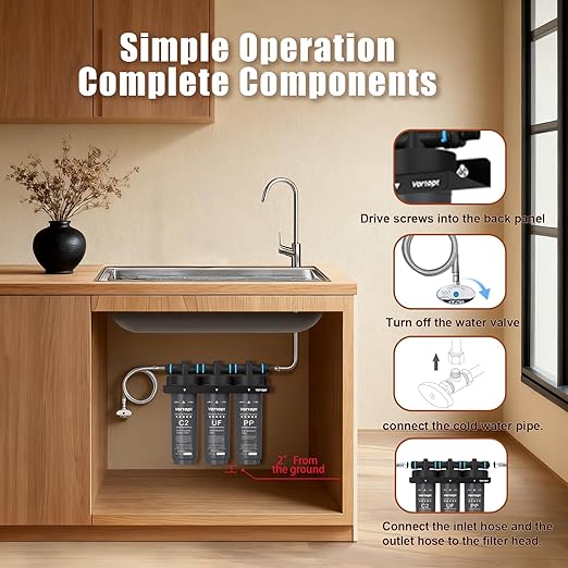 Vortopt Under Sink Water Filter,NSF Certificated Under Sink Water Filtration System,with Flow Rate of 0.53 GPM,F02-C2/UF/PP Filter for Cleaner Tap Water,Black.