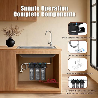 Vortopt Under Sink Water Filter,NSF Certificated Under Sink Water Filtration System,with Flow Rate of 0.53 GPM,F02-C2/UF/PP Filter for Cleaner Tap Water,Black.