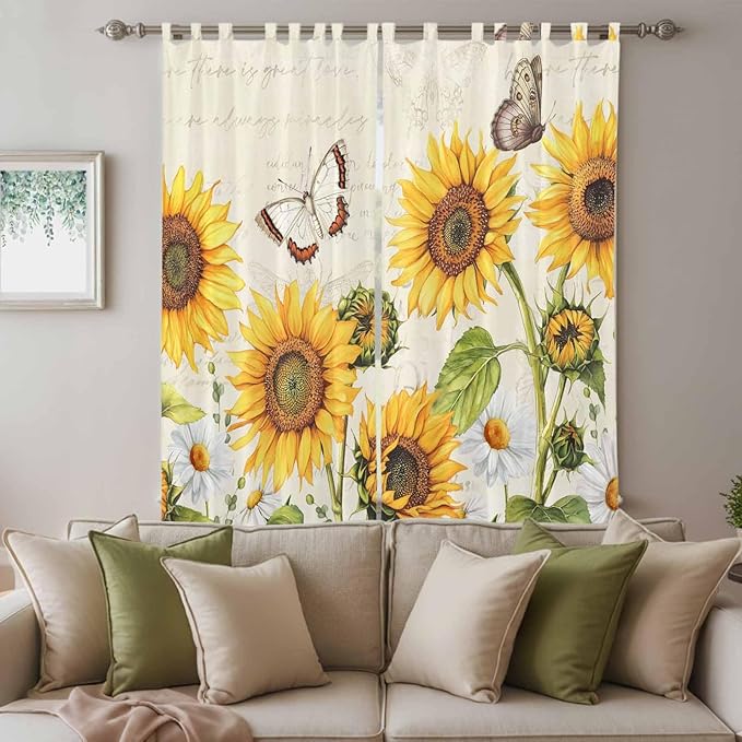 Farm Sunflowers Living Room Curtains 84 Inch Length, Window Curtains Tab Top, Retro Flowers Butterfly Botanical Beige Light Filtering Window Treatments Drapes 52"x84" 2 Panel