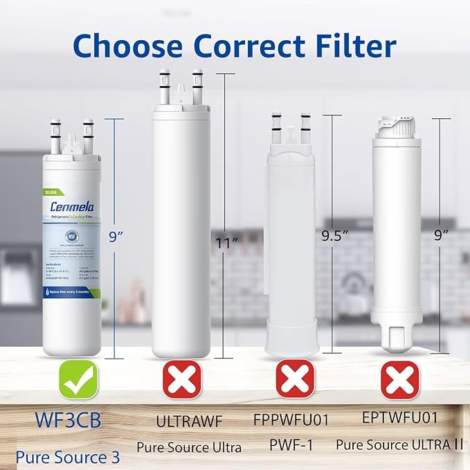 WF3CB Replacement Water Filter, Compatible with Frigidaire WF3CB, Pure Source 3, 706465, 242069601, 242086201, 242017800, WF425, Height 9 inches, Pack of 1