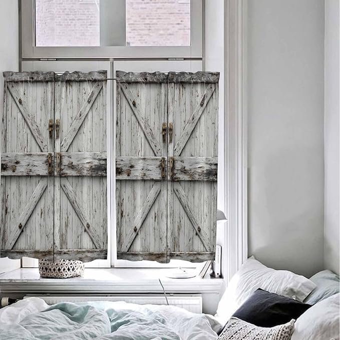 Vintage Gate Kitchen Curtains 54 Inches Length, Farmhouse Wooden Grain Shabby Chic Door Window Treatment Curtain Drapes, Decorative Window Curtains for Bedroom Cafe, 52"x54", 2 Panels