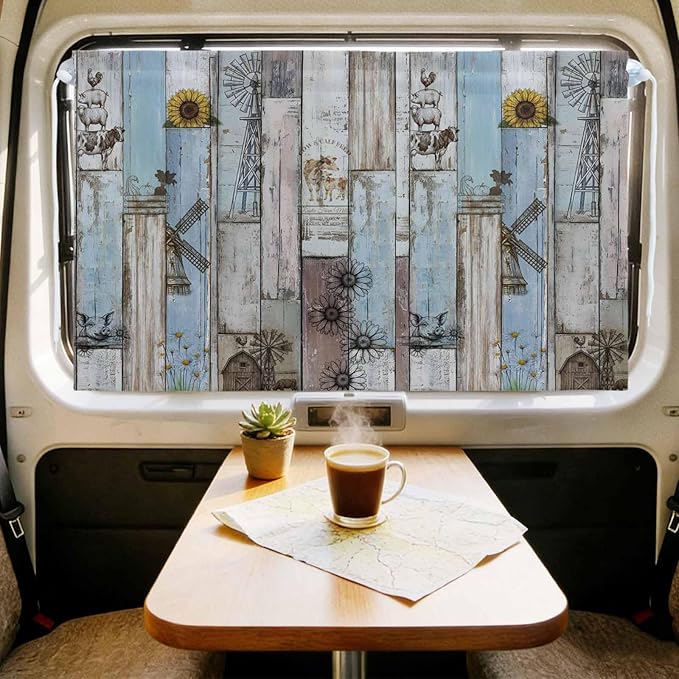 Blue Grey Wooden Magnetic Double Layer Car Window Shades,Side Window Curtains for Blackout/Breathable Mesh View,Farmhouse Barn Sunflowers Retro Privacy Sun Shades for Heat/UV Protection 26x20in 1pcs