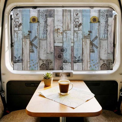 Blue Grey Wooden Magnetic Double Layer Car Window Shades,Side Window Curtains for Blackout/Breathable Mesh View,Farmhouse Barn Sunflowers Retro Privacy Sun Shades for Heat/UV Protection 26x20in 1pcs