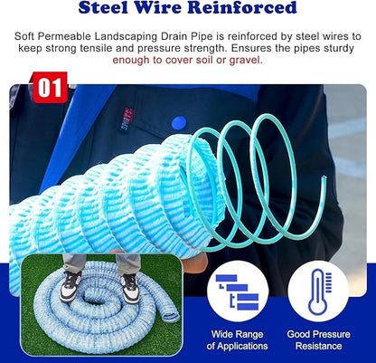 5cm/2in Diameter French Drain Pipe Perforated Drainage Pipes, Soft Infiltration Tubular Underground Drainage Systems for Outside Driveway/Sidewalk, Steel Wire Reinforced Permeable Tube(1950cm)