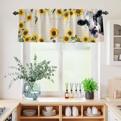 Kitchen Curtains Tiers and Valance Set of 3, Cow Sunflowers Light Filtering Window Curtain Set, Country Vintage Animals Floral Leaves Rod Pocket Curtain Drapes for Cafe, Living Room, 24 Inches Tiers