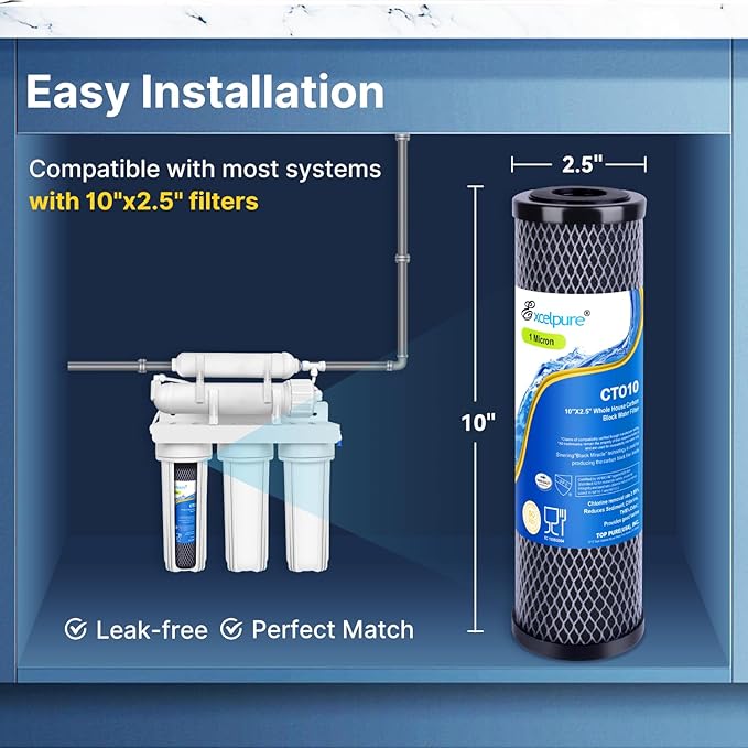 EXCELPURE 1 Micron 10" x 2.5" Whole House CTO Carbon Water Filter Cartridge Replacement for Home Countertop System, Dupont WFPFC8002, WFPFC9001, FXWTC, SCWH-5, WHEF-WHWC, WHCF-WHWC, CTO10, T01, 4PACK