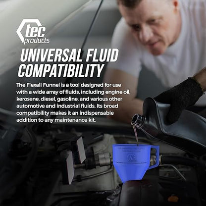 TEC Products FlexAll Long Flexible Funnels - Automotive Oil Funnel with Hose, Durable Nitrile Rubber for Oil Change, Transmission Funnel Fluid, Diesel, Fuel, Gas - Made in USA - Blue (12 x 4 Inches)