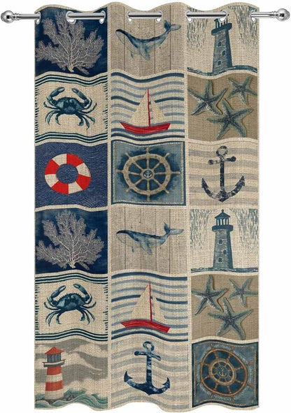 Oceans Outdoor Curtains for Patio Shell Starfish Whales Summer Vintage Waterproof Outside Curtains with Grommet Top Weatherproof Curtain for Cabana Pergola Gazebo, 1 Panel, 54" W x 95" L