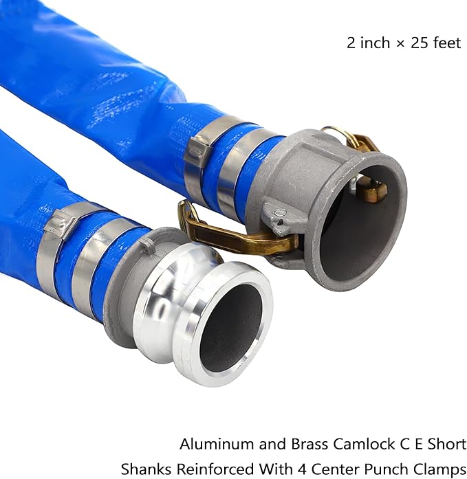 DAVCO 2" ID × 25 ft Pool Backwash Hose, Heavy Duty Reinforced Blue PVC Lay Flat Water Discharge Pump Hoses For Swimming Drain Pools and Clean Filters, with Aluminum Camlock C and E Fittings