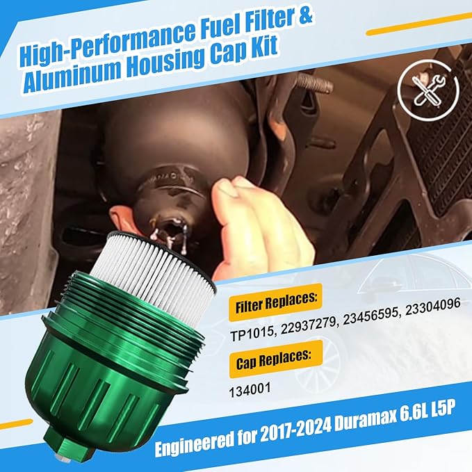 iFJF TP1015 Fuel Filter and 134001 Housing Cap Replacement for Duramax 6.6L 2017-2020 Chevy Silverado/GMC Sierra 2500HD 3500HD L5P Diesel Engine (Green)