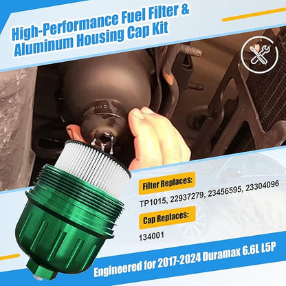 iFJF TP1015 Fuel Filter and 134001 Housing Cap Replacement for Duramax 6.6L 2017-2020 Chevy Silverado/GMC Sierra 2500HD 3500HD L5P Diesel Engine (Green)