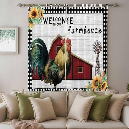 Farmhouse Rooster Living Room Curtains 96 Inch Length, Window Curtains Tab Top, Rustic Red Barn Windmill Sunflowers Light Filtering Window Treatments Drapes 52"x96" 2 Panel