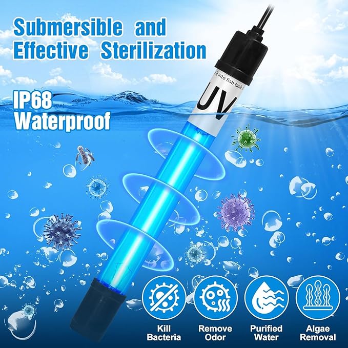 Turtle Tank Filter Aquarium Filter w/ Detachable U-V Light for 30-75Gal, Waterfall Flow Adjustable Low Water Level Internal Green Clean Machine Killing Deodorization Saltwater Freshwater Crystal Clear
