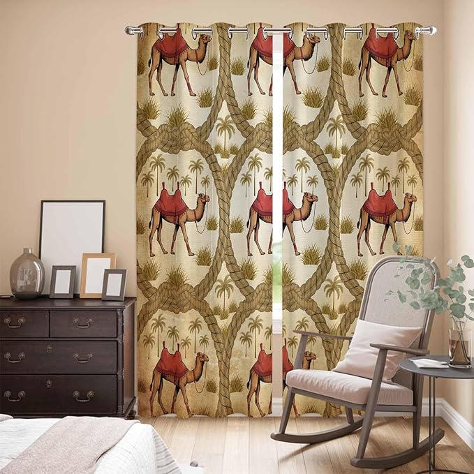 2 Panel Kitchen Cafe Curtains, Brown Desert Camels Sunlight Filtering Nature Air Through, Window Decor Tier Curtains for Living Room 104W x 90L inch Tropical Date Coconut Trees Cords Leaves