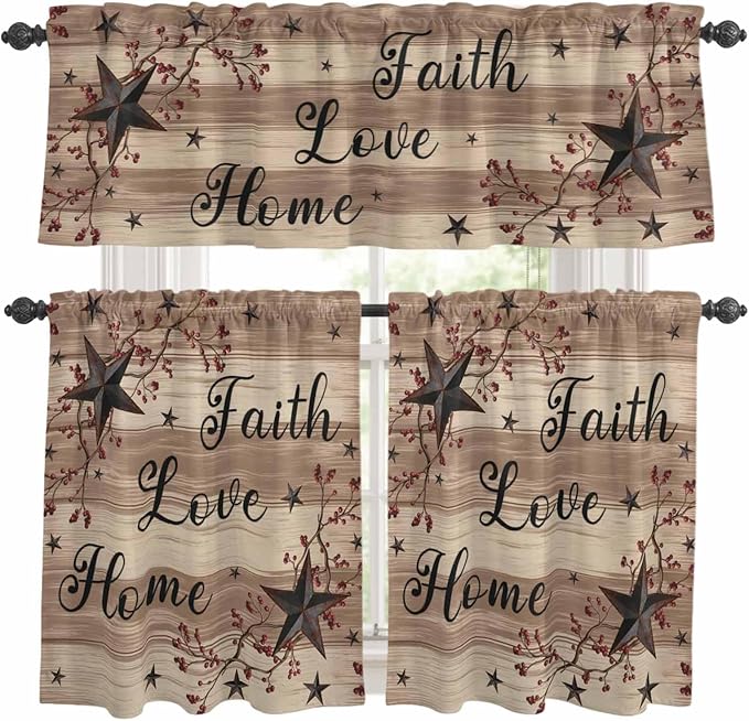 Kitchen Curtains Tiers and Valance Set of 3, Farmhouse Star Brown Light Filtering Window Curtain Set, Retro Branches Berry Wooden Grain Rod Pocket Curtain Drapes for Cafe, Living Room, 24 Inches Tiers