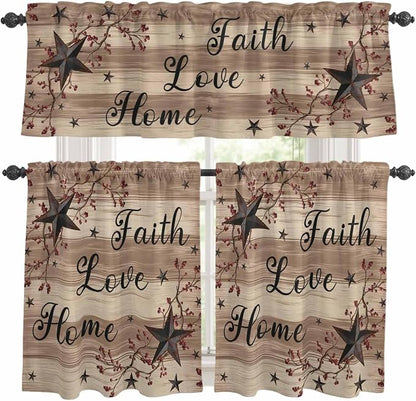 Kitchen Curtains Tiers and Valance Set of 3, Farmhouse Star Brown Light Filtering Window Curtain Set, Retro Branches Berry Wooden Grain Rod Pocket Curtain Drapes for Cafe, Living Room, 24 Inches Tiers