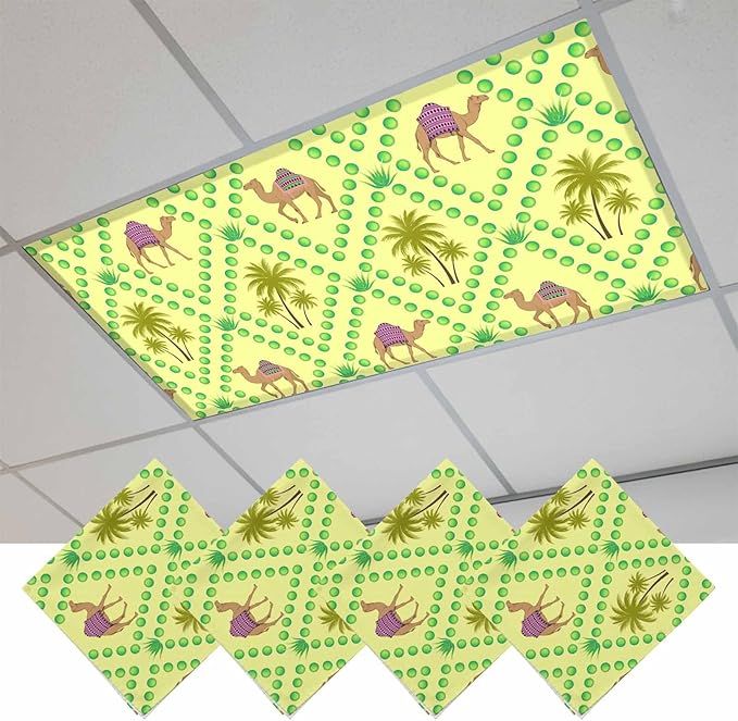 4 Pack Fluorescent Light Cover, Desert Sand Camels Light Covers for Ceiling Lights, Palm Trees Tropical Plants Polka Dot Yellow Magnetic Lights Filters Ceiling Shade for Classroom/Office - 4 x 2 Feet
