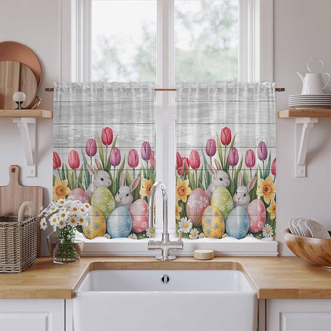 Easter Kitchen Tier Curtains 45 Inch Long 2 Panel Set,Rod Pocket Short Window Treatment,Retro Spring Bunny Eggs Tulip Farm Wooden Grain Light Filtering Curtains & Drapes for Bathroom 27.5"W x 45"L