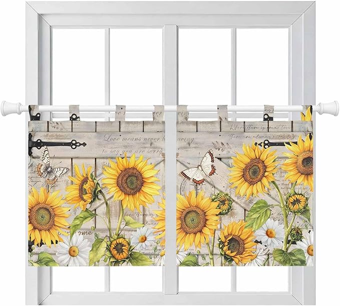 Farm Flowers Kitchen Curtains 36 Inch Length, Small Window Curtains Tab Top, Retro Sunflowers Barn Doors Butterfly Wood Board Light Filtering Short Window Treatments Tier Drapes 27.5"x36" 2 Panel