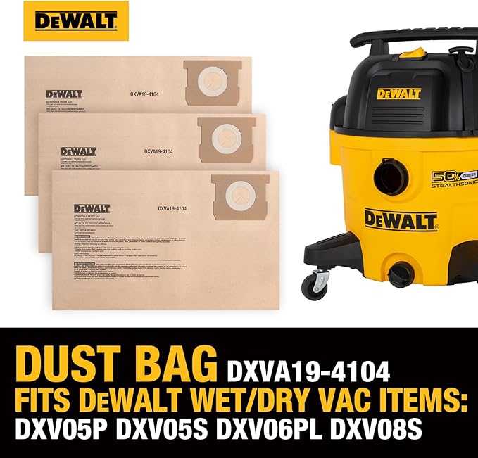 DEWALT DXVA19-4104 Dust Filter Bags, High Efficiency Replacement Bags for DEWALT Wet Dry Vac 5-8 Gallon, Wet Dry Vac Accessories, Dust Collection Bag Vacuum Bag