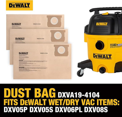 DEWALT DXVA19-4104 Dust Filter Bags, High Efficiency Replacement Bags for DEWALT Wet Dry Vac 5-8 Gallon, Wet Dry Vac Accessories, Dust Collection Bag Vacuum Bag