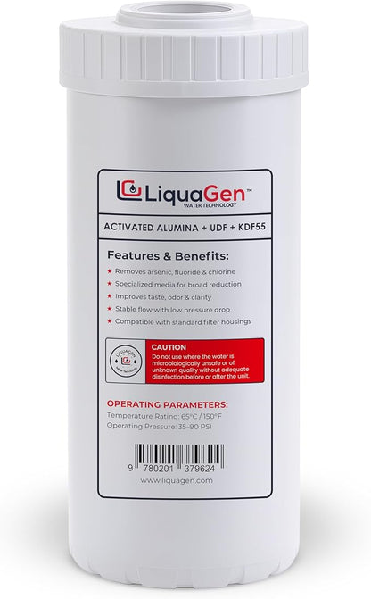LiquaGen Activated Alumina + Carbon + KDF-55 Replacement Water Filter Cartridge – Helps Manage Fluoride, Chlorine & Taste, Refillable 2.5" x 10", 2.5" x 20", 4.5" x 10", 4.5" x 20" (1, 4.5" x 10")