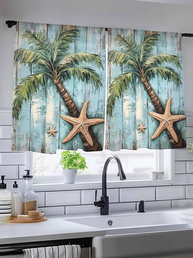 Sheer Curtains 54 Inch Length, Coastal Blue Green Tree Semi Sheer Curtains Light Filtering Window Treatment, Beach Tropical Vintage Wood Grain Privacy Voile Drapes for Living Room Bedroom 52x54 Inch