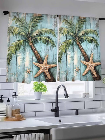 Sheer Curtains 54 Inch Length, Coastal Blue Green Tree Semi Sheer Curtains Light Filtering Window Treatment, Beach Tropical Vintage Wood Grain Privacy Voile Drapes for Living Room Bedroom 52x54 Inch