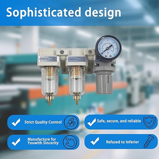 XingNEeng 1/4" NPT Compressed Air Filter Regulator Lubricator (FRL) Combo, Water/Oil Trap Separator, Air Pressure Regulator with Pressure Gauge(0-150 psi), Manual Drain, Poly Bowl, Metal Bracket