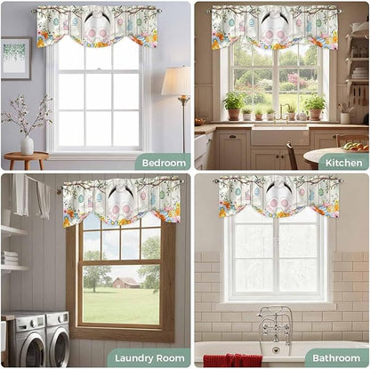Easter Tie Up Valance Curtains for Windows, Kitchen Curtains Window Shades, Spring Farmhouse Watercolor Bunny Eggs Wood Grain Light Filtering Roman Curtain Valances for Bedroom/Bathroom/Cafe 54"x18"