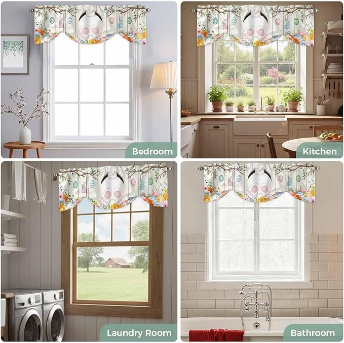 Easter Tie Up Valance Curtains for Windows, Kitchen Curtains Window Shades, Spring Farmhouse Watercolor Bunny Eggs Wood Grain Light Filtering Roman Curtain Valances for Bedroom/Bathroom/Cafe 42"x12"