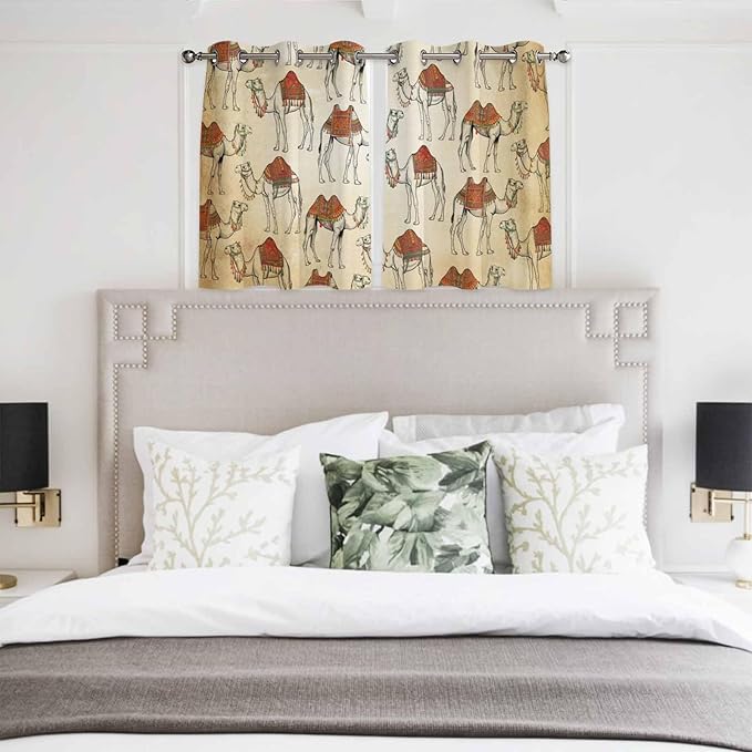 2 Panel Kitchen Cafe Curtains, Desert Sand Camel Sunlight Filtering Nature Air Through, Home Decor Window Covering Tier Curtains for Bedroom Living Room Summer Tropical Animals Vintage Beige