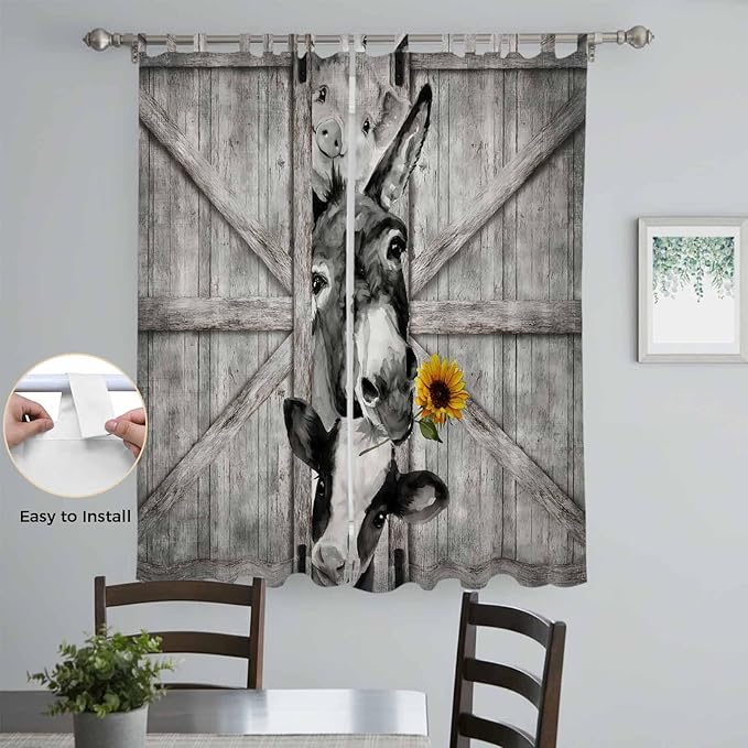 Funny Farm Animals Living Room Curtains 84 Inch Length, Window Curtains Tab Top, Vintage Barn Grey Sunflowers Light Filtering Window Treatments Drapes 52"x84" 2 Panel