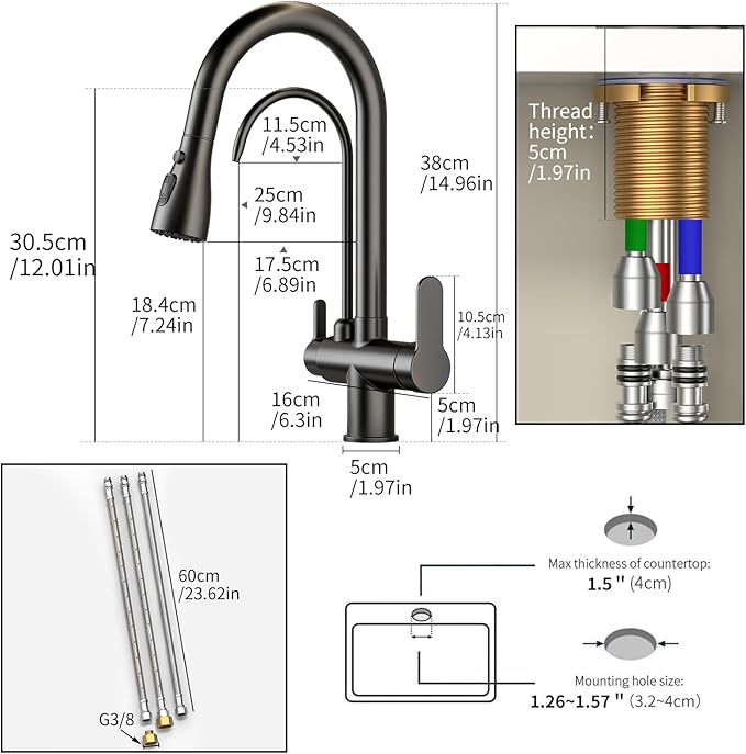 Kitchen Sink Faucet with Pull - Down Sprayer, 2 - Handle 3 - in - 1 Kitchen Sink Filter Faucet, Cold and Hot Mixer Drinking Water Faucet (3-in-1 Filter Faucet, Black)