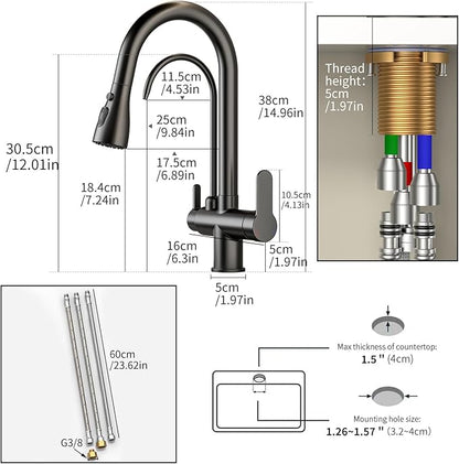 Kitchen Sink Faucet with Pull - Down Sprayer, 2 - Handle 3 - in - 1 Kitchen Sink Filter Faucet, Cold and Hot Mixer Drinking Water Faucet (3-in-1 Filter Faucet, Black)