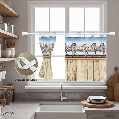 Western Horse Kitchen Curtains 24 Inch Length, Small Window Curtains Tab Top, Farmhouse Wooden Grain Vintage Cowboy Barn Door Light Filtering Short Window Treatments Tier Drapes 27.5"x24" 2 Panel