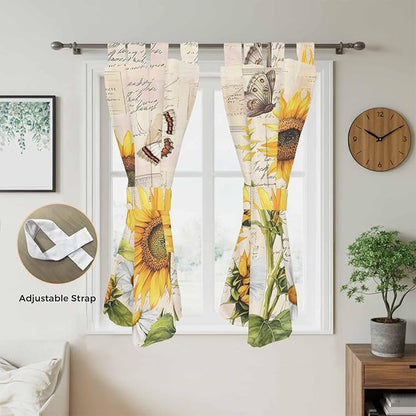 Yellow Sunflowers Living Room Curtains 84 Inch Length, Window Curtains Tab Top, Country Farm Butterfly Flower Light Beige Light Filtering Window Treatments Drapes 42"x84" 2 Panel