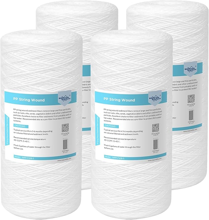 Membrane Solutions 5 Micron 10""x4.5"" String Wound Whole House Water Filter Replacement Cartridge Universal Sediment Filters for Well Water - 4 Pack, WPP-F10B-5