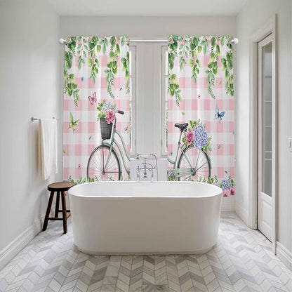 Spring Kitchen Curtains, Bicycles Leaves Butterfly Flowers Pink Buffalo Plaid Light Filtering Window Curtain Panels, 2Pcs Rod Pocket Window Treatments Set for Living Room Bathroom Bedroom 52x72 Inches