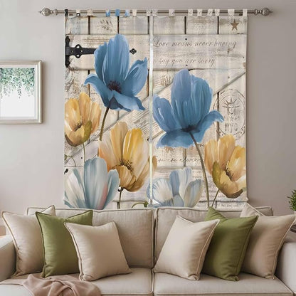 Blue Yellow Tulips Living Room Curtains 96 Inch Length, Window Curtains Tab Top, Retro Farmhouse Flower Barn Doors Wooden Light Filtering Window Treatments Drapes 52"x96" 2 Panel