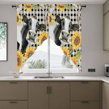 Retro Sunflowers Swag Valances for Windows, Farmhouse Floral Cow Butterfly Black Plaid Rod Pocket Kitchen Curtains Valance, Small Window Curtains Swag for Cafe Living Room, 2 Panels, 28x36 inch