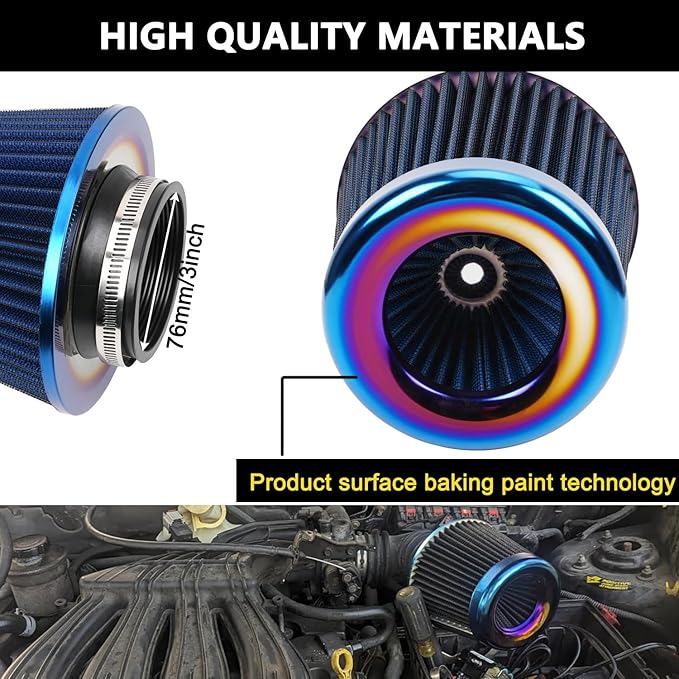Cold Air Intake Filter, High Performance, Washable Filter, Clamp-On Replacement Air Filter, Flange Diameter 3inch/76mm Blue