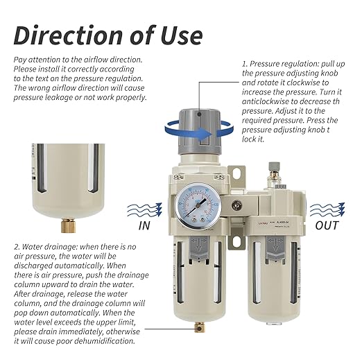 Industrial Air Compressor Filter Regulator Lubricator (FRL) Unit - 1/2 NPT Oil Water Separator with Pressure Gauge & Semi-Auto Drain for Pneumatic Systems