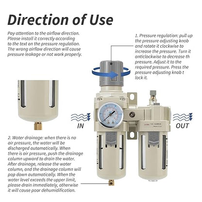 Industrial Air Compressor Filter Regulator Lubricator (FRL) Unit - 1/2 NPT Oil Water Separator with Pressure Gauge & Semi-Auto Drain for Pneumatic Systems